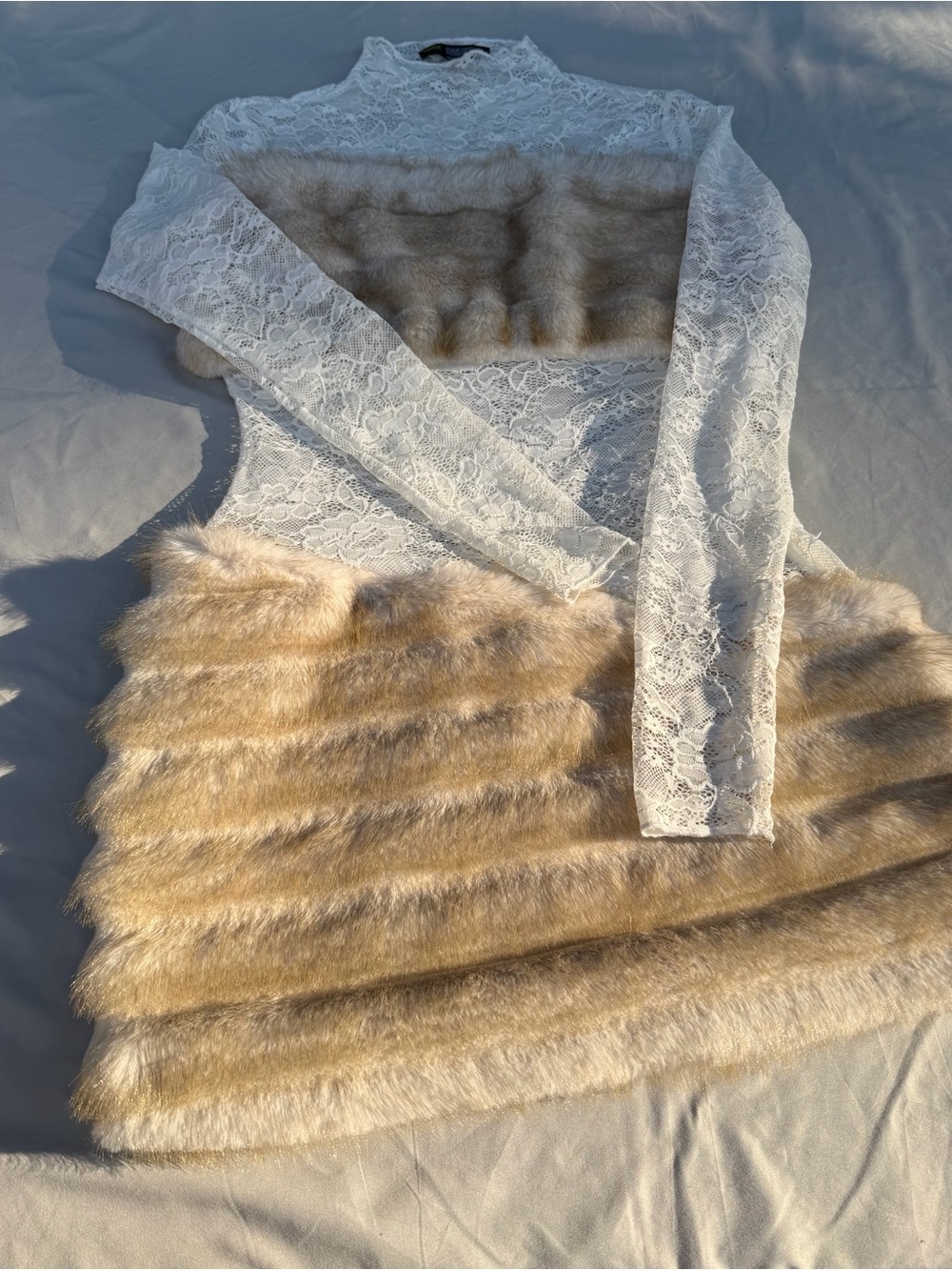 Finesse White Lace Mini Dress with Beige Faux Fur Panels ultimate party dress